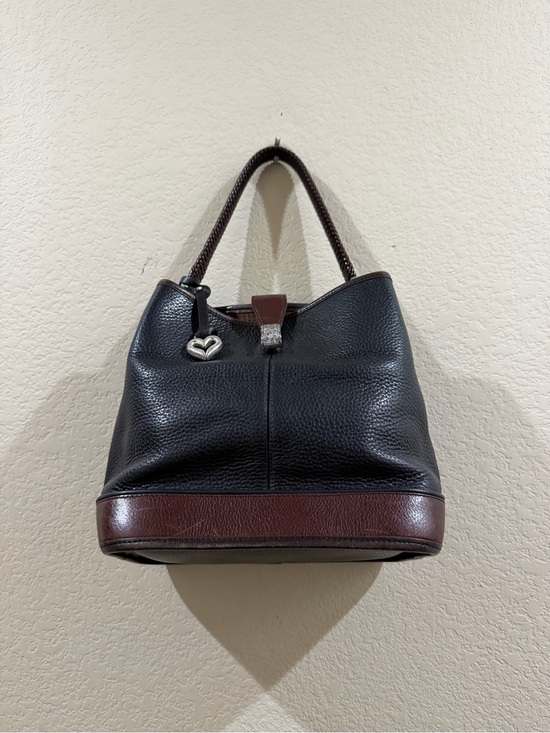 Brighton Handbags - Brighton Black Pebbled Leather bucket Bag with Brown Trim